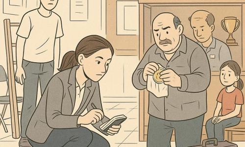 Female detective, calm focused expression, fine features, brown hair tied back, gray jacket and small notebook, crouching before a slightly open glass trophy case examining a small glitter trace on the floor; Mr. Pike, about 50, rugged guilty-looking, large build, worker's coat with toolbox at his feet to the right of the case, holding a brass badge wrapped in cloth; Ethan, about 17, embarrassed but relieved, t-shirt and jeans, holding a folded ladder near the back left; Noor, about 12, small with hair pulled back, violin beside her, curious attentive look, sitting on a bench near the entrance behind the detective; Jules, about 40, worried but grateful, organization badge on his chest, standing by a desk with crumpled papers; interior corridor of a community centre with shiny tiled floor, dusty wooden-and-glass display at the back, "Spring Fair" banner overhead and stacked folding chairs to the sides; main scene: discovery of the missing badge — the detective examines tiny clues (glitter, small plastic), suspect stands nearby, witnesses in the background, tense but calm composition centered on the case and badge.