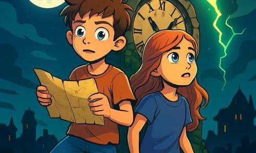 A 12-year-old boy with tousled hair and curious, bright eyes stands atop a crumbling tower, his face marked by worry and determination. He wears a worn t-shirt and torn jeans, holding an ancient map as moonlight illuminates his face. Beside him, a 12-year-old girl with long, wavy hair and striking blue eyes stares at a glowing crack in the sky, her expression a mix of fear and courage. The setting features an old stone clock with rusty gears and ivy-covered walls, overlooking a city shrouded in darkness, where eerie shadows dance around the buildings. The main scene shows the boy and girl ready to confront a magical rift threatening to unleash terrifying creatures, with green lightning streaking across the night sky, creating an atmosphere of tension and adventure.