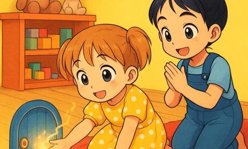 Two 3-year-old girls crouch by a small blue round door hidden under a rug inside a cheerful home: on the left, a light-brown-haired girl in short pigtails and a yellow polka-dot dress gently touches the slightly open door and looks toward the warm golden light and scented swirls (cookies, crayons); on the right, a black-haired girl in a small bun and blue overalls holds her hand and prepares to clap. The bright interior has a pale wooden floor, a slightly rumpled red rug, vivid yellow walls, a shelf of soft toys and colorful blocks, and cookie crumbs by a table; the brass knob smiles like a face. The scene—soft manga-child style with saturated warm colors, paper textures and shiny highlights—captures the tender, wonder-filled moment before they pass through.