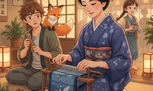 Hana, about 30, with a gentle, focused face and black hair in a simple bun, wears an indigo kimono stained with dye and smiles slightly as she weaves blue and white threads on a small wooden loom; Kaito, about 16, with messy brown hair and a shy, awed expression, sits to her left holding a small wooden fox effigy in patched clothes; a 14-year-old girl with braided hair — the ancestor's granddaughter — arrives at the back right, breathless and smiling with a small cloth-wrapped package. A cat-sized fox spirit, Tama, with glossy reddish fur and white highlights, perches on Kaito’s shoulder, mischievous and calm. The scene is a traditional Japanese room with shōji letting in golden light, a small wooden loom, paper lanterns on the floor, tatami mats, potted plants, and wet cedar branches visible outside; Hana finishes tying an indigo cloth patterned with cranes and waves as a quiet, reverent weaving ceremony unfolds, villagers implied by blurred silhouettes and off-frame lanterns. Warm tones and deep blues, visible fabric textures, soft lighting, and a composition centered on Hana’s hands and the little fox.