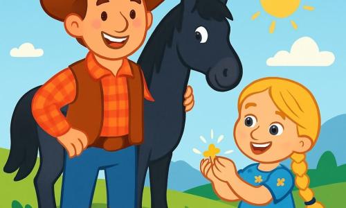 Un cowboy, un bărbat de aproximativ 30 de ani, stă în picioare pe un deal, zâmbind călduros. Poartă o pălărie mare de cowboy maro, o cămașă în carouri roșii și o vestă din piele. Calul său, un animal magnific negru cu coamă strălucitoare, stă lângă el, observând cu atenție împrejurimile. O fetiță de 7 ani, cu părul blond împletit și o rochie albastră cu flori, se află chiar în fața lui. Are o față veselă și ține un pandantiv mic strălucitor în mâini. Peisajul este un câmp vast verde, presărat cu flori sălbatice colorate, cu un cer albastru deschis și câteva nori albi pufoși. La orizont, munți măreți se ridică sub soarele strălucitor. Situația principală arată cowboy-ul și fetița bucurându-se de găsirea pandantivului pierdut, înconjurați de frumusețea naturii. Ei împărtășesc un moment de fericire și prietenie, ilustrând magia întâlnirilor în Vest.