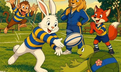 Um pequeno coelho antropomórfico chamado Tomás, pelagem branca macia, orelhas longas erguidas, vestindo uma camisola grossa listrada azul e amarela, expressão alegre e concentrada, lançando uma passe de rugby com as duas patas dianteiras, corpo inclinado em movimento fluido; a tartaruga Lara, carapaça verde clara com uma faixa azul e uma flor pequena, olhar doce, ligeiramente agachada para receber a passe, logo atrás de Tomás; o macaco Rui, pelo castanho claro, rosto travesso, saltitando ao fundo e fazendo uma careta cômica com os braços no ar para incentivá‑lo; a leoa Marta, grande e robusta, pelagem dourada e expressão profissional, segurando um apito na lateral do campo; a raposa Sara, ruiva de olhos vivos, aplaudindo à direita de Tomás com a cauda erguida e sorriso brilhante; campo gramado bem cuidado com linhas brancas, pequenos golos de madeira, algumas árvores e bancos ao fundo, céu azul com nuvens suaves e luz quente de fim de tarde; situação: treino infantil de rugby, momento dinâmico em que Tomás passa a bola para um colega, muitos movimentos, traços de velocidade sutis e atmosfera de cooperação e alegria.