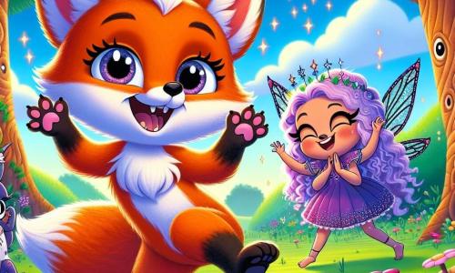 In het midden van de afbeelding danst Vicky, een speelse kleine vos met een feloranje vacht en sprankelende ogen, vrolijk met een grote glimlach op haar gezicht. Haar poten zijn in de lucht geheven en ze lijkt vol energie en klaar om plezier te maken. Naast haar lacht Lila, een kleine fee met glinsterende vleugels en gekruld lavendelkleurig haar, hardop, haar ogen stralend van vreugde. Ze klopt in haar handen op de maat, omringd door kleine magische vonkjes die om haar heen zweven. Op de achtergrond probeert Serafina, een grote spin met een zwart lichaam en lange elegante poten, een onhandige dans, met een uitdrukking die zowel geconcentreerd als amuserend is. Ze staat iets achteraf, maar haar enthousiasme is voelbaar. De setting is een prachtig groen veld in het koninkrijk Snoezelwoud, bezaaid met kleurrijke bloemen die dansen in de wind. Majestueuze bomen met knoestige stammen rijzen om hen heen op en de lucht is helderblauw met donzige wolken. De hoofdscène toont Vicky, Lila en Serafina die volop dansen, hun vriendschap en overwinning op de gemene spin vierend in een vrolijke en feestelijke sfeer, vol gelach en magie.