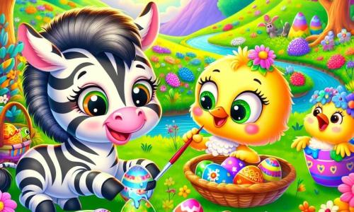 W pięknej, zielonej dolinie radosna zebra o imieniu Zuzia, z miękką sierścią i czarno-białymi paskami, maluje kolorowe pisanki. Ma szeroki uśmiech na twarzy, a jej oczy błyszczą z ekscytacji, gdy wybiera żywe kolory do swoich dzieł. Obok niej jej przyjaciółka Kiki, zielona żaba z okrągłymi, błyszczącymi oczami, skacze radośnie. Trzyma pędzel w swoich łapkach i z podziwem patrzy na Zuzie, nie mogąc się doczekać, by pomalować własną pisankę. Nieco dalej Piku, urocze żółte pisklę z puszystym upierzeniem, z entuzjazmem obserwuje je. Mruga z ekscytacji, gotowy dołączenia do nich i pomocy w ukrywaniu jajek. Otoczenie jest czarujące: kolorowe kwiaty kwitną wokół nich, duże, liściaste drzewo chroni je przed słońcem, a pobliski, lśniący strumień płynie spokojnie, dodając magii tej radosnej scenie. Główna sytuacja pokazuje Zuzie, Kiki i Pikę w trakcie przygotowań do Świąt Wielkanocnych, malujących i dekorujących jajka, śmiejąc się i bawiąc razem.