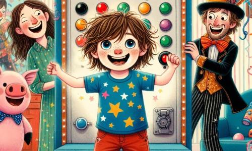 Um garotinho de 4 anos, Léo, com cabelos castanhos bagunçados e um grande sorriso, está no centro da imagem, em pé diante de uma máquina colorida que pisca e emite sons engraçados. Ele usa uma camiseta azul com estrelas e um short vermelho, seus olhos brilham de excitação enquanto aperta um botão da máquina. À sua direita, sua mãe, uma mulher de cerca de 30 anos, está fantasiada de pirata com um chapéu preto adornado com penas e um lenço colorido. Ela faz uma careta engraçada, com os braços abertos, como se estivesse pronta para dançar. À sua esquerda, seu pai, um homem de cerca de 35 anos, veste um traje de porquinho com grandes orelhas, rindo enquanto salta alegremente. A cena acontece em uma sala acolhedora, cheia de balões coloridos flutuando no teto e guirlandas brilhantes. Brinquedos estão espalhados pelo chão, e uma luz suave ilumina o ambiente, criando uma atmosfera festiva. A situação principal mostra Léo, cercado pelos pais, rindo enquanto a máquina mágica transforma seu cotidiano em uma festa hilária, com fantasias surpreendentes e momentos de alegria compartilhada.
