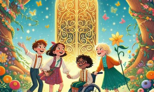 Quatro amigos estão reunidos: Ana, uma menina de 8 anos com cabelos castanhos e óculos, sorridente e cheia de energia, está à esquerda, apontando para uma porta mágica cintilante. Ao lado dela, Pedro, um garoto de 7 anos com cabelos loiros e olhos brilhantes, observa a porta com admiração. Lúcia, uma menina de 9 anos com tranças negras e um vestido colorido, está recolhendo folhas do chão, pronta para construir uma passarela. Por fim, Tomás, um garoto de 8 anos em cadeira de rodas, sorri alegremente, segurando uma grande folha nas mãos. O local é um jardim encantado, repleto de flores multicoloridas que dançam suavemente ao vento, com árvores de troncos tortos e folhas brilhantes. No centro, a porta mágica, adornada com padrões dourados, emite um brilho suave e misterioso, cercada por um arco-íris radiante que se estende pelo céu azul. A cena principal mostra os amigos unidos, prontos para atravessar o jardim em direção à porta mágica, com expressões de empolgação e curiosidade em seus rostos, simbolizando seu espírito de aventura e amizade.