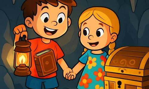 Há 2 personagens principais: João, um menino de 6 anos com cabelo castanho bagunçado, vestindo uma camiseta vermelha e um short azul, segurando uma lanterna em uma mão e um livro velho na outra, com um sorriso de empolgação; e Sara, uma menina de 6 anos com cabelo loiro trançado, usando um vestido florido, olhando para o baú velho com olhos brilhantes de curiosidade, segurando a mão de João. A cena ocorre em uma caverna misteriosa, com paredes de pedra cinza e estalactites no teto, iluminada pela lanterna que projeta sombras dançantes. No fundo da caverna, um grande baú de madeira, antigo e decorado com padrões dourados, está ligeiramente aberto, deixando entrever um brilho. João e Sara estão em frente ao baú, com rostos iluminados pela luz da lanterna, prontos para descobrir o tesouro escondido e resolver um enigma para abri-lo.