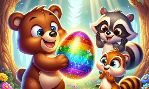 In the center of the image, a teddy bear named Benny, an adorable brown bear with soft fur and sparkling eyes of joy, stands smiling widely as he discovers a shimmering rainbow Easter egg filled with bright colors. Next to him, Sally, a small squirrel with golden fur and bright eyes, jumps for joy, her tiny paws raised in the air, sporting a big smile. A little further away, Ricky, a raccoon with gray fur and black stripes on his face, watches them with a look of wonder, arms crossed, scratching his head curiously. The setting is an enchanted glade bathed in golden light, where multicolored flowers dance in the breeze and majestic trees with lush green leaves create a magical backdrop. The scene illustrates the moment when Benny, Sally, and Ricky discover the precious Easter egg together, symbolizing friendship and shared joy, surrounded by a festive and colorful atmosphere.