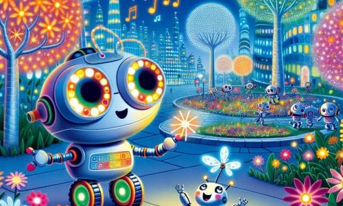 Bliep, een klein robot met grote ronde ogen en kleurrijke wielen, staat in het midden van een prachtige, heldere tuin met een verwonderde glimlach op zijn gezicht. Zijn metalen panelen schitteren in het licht van de bloemen die felle kleuren uitstralen in de nacht. Naast hem vliegt Klik, een blije kleine drone met doorzichtige vleugels, in cirkels om Bliep heen en maakt blije geluiden terwijl hij foto's van de scène maakt. De tuin ligt in de futuristische stad Zonnelicht, waar de bolvormige huizen schitteren als sterren en de zilveren straten het licht van de bloemen weerkaatsen. Muzikale bomen met vibrerende bladeren dansen zachtjes in de wind, wat een magische sfeer creëert. De belangrijkste situatie toont Bliep en Klik die hun creatie bewonderen, een prachtige tuin van heldere bloemen die de nacht verlicht, terwijl andere nieuwsgierige robots dichterbij komen om hun werk te bewonderen en hun waardering te uiten.
