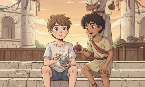 Matei, băiat de 10 ani cu expresie curioasă și uimită, păr șaten scurt, ține în palmă o cutie rotundă de metal cu cadran și trei butoane care tic-tac‑uiește luminând, iar Lucius, tot de circa 10 ani, zâmbet ștrengar și păr negru creț, îi întinde o smochină ca încurajare; în spate, pe mică scenă, stă poetul în vârstă de ~40 de ani, barbă bogată, robă simplă și sul de pergament; totul are loc într-un amfiteatru antic din piatră cu trepte de calcar uzate, panglici colorate și o masă cu recuzită, la apusul aurit, Matei ezitând să apese un buton al cutiei.