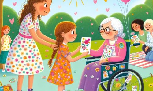 In einem sonnigen Park stehen zwei zehnjährige Mädchen, Mia und Leni, im Mittelpunkt des Bildes. Mia hat lange braune Haare und leuchtende Augen, trägt ein buntes Blumenkleid und hält eine handgemachte Karte. Neben ihr sitzt Leni, mit geflochtenen blonden Haaren und einem strahlenden Lächeln, in ihrem mit bunten Aufklebern dekorierten Rollstuhl und hält ebenfalls eine Karte. Um sie herum stehen lächelnde Mütter, darunter eine mit lockigen Haaren und eine andere mit Brille, die ihre Töchter liebevoll ansehen. Der Park ist mit leuchtenden Blumen, schwebenden Ballons und Picknickdecken gefüllt. Die Szene zeigt, wie Mia und Leni ihren Müttern ihre Karten überreichen, umgeben von Lachen und Freude, während ein kleiner frecher Hund näherkommt, bereit, sich eine der Karten zu schnappen.