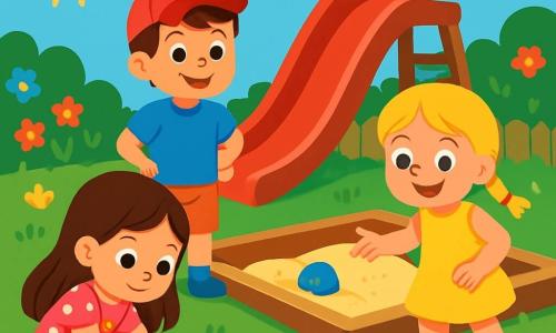 Hay 3 personajes: - Ana: una niña de 6 años, con cabello largo castaño y un vestido rosa con lunares blancos. Está agachada, examinando una hoja azul debajo del tobogán. - Luis: un niño de 7 años, con una gorra roja y una camiseta azul. Está de pie, sonriendo, con las manos en las caderas, listo para buscar la pelota. - Sofi: una niña de 6 años, con trenzas rubias y un bonito vestido amarillo. Está al lado de Ana, señalando hacia la arena del arenero con una gran sonrisa. El lugar es un jardín escolar soleado, lleno de flores coloridas, juegos de madera y un gran tobogán rojo. El arenero está en el centro, rodeado de vegetación, y el cielo es de un azul brillante. La situación principal muestra a los tres amigos en plena búsqueda de su pelota azul perdida, con expresiones de curiosidad y emoción en sus rostros. Descubren pistas, como una hoja azul, mientras juegan alegremente juntos.