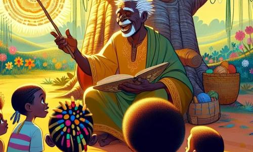 Un hombre sabio llamado Kofi, de unos 60 años, con cabello blanco como la nieve y piel oscura, sonríe cálidamente. Está sentado bajo un gran baobab, sosteniendo un bastón de madera tallada, su rostro expresa serenidad y sabiduría. A su lado, un grupo de niños, una niña de unos 8 años con trenzas coloridas y un niño de 7 años con una camiseta a rayas, escuchan atentamente, sus ojos brillan de curiosidad. El lugar es un claro verde, bañado de luz dorada, rodeado de árboles majestuosos y flores brillantes. En el centro de la escena, Kofi cuenta una historia cautivadora, sus brazos se extienden como si pintara imágenes en el aire, mientras los niños, maravillados, se acercan para no perderse sus palabras.