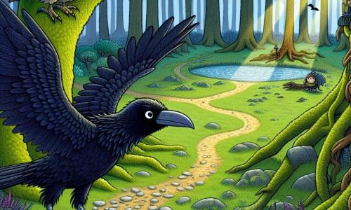 Un cuervo llamado Cuervo Gris, con plumaje negro brillante y ojos chispeantes de curiosidad, está posado en una rama de un viejo roble. Despliega sus alas con emoción, listo para volar hacia lo desconocido. Cerca, un sabio búho de plumas marrones y grandes ojos redondos observa a Cuervo Gris con aire preocupado, sentado en otra rama. El lugar es un bosque denso, donde los rayos del sol filtran a través de las hojas verdes, creando patrones de luz y sombra sobre el suelo cubierto de musgo. Cuervo Gris duda entre tres caminos misteriosos: uno bordeado de sauces llorones, otro que bordea una laguna brillante y el último que sube hacia una colina resonante. La atmósfera es mágica e intrigante, llena de promesas de aventura.