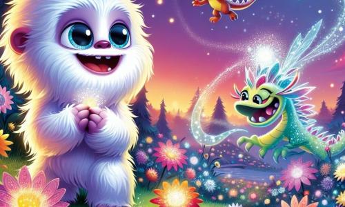 Ein kleiner Yeti namens Flocki, mit weißem, flauschigem Fell, neugierigen Augen und einem breiten Lächeln, steht im Mittelpunkt der Szene und ist von der Schönheit eines Feldes magischer Blumen begeistert. An seiner Seite fliegt ein kleiner Drache namens Funki, mit schimmernden, bunten Schuppen und schelmischen Augen, fröhlich durch die Luft, während seine durchsichtigen Flügel im Mondlicht glänzen. Der Ort ist eine weite nächtliche Wiese, erleuchtet von einem sternenklaren Himmel, wo blühende, leuchtende Blumen sanft im Wind tanzen, ihre lächelnden Gesichter und glänzenden Blütenblätter verleihen der Umgebung einen Hauch von Magie. Die Hauptsituation zeigt Flocki und Funki, die die Schönheit dieser verzauberten Welt entdecken, mit Blumen, die Geschichten flüstern, und einem spürbaren Abenteuergefühl in der Luft.