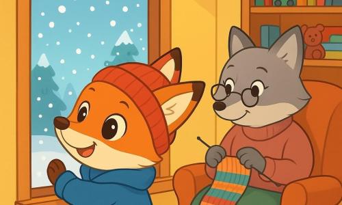 A small orange fox named Freddy, with big bright eyes and a cheerful smile, stands in front of a window, pressing his nose against the glass. He wears a large blue coat and a red woolen hat, his pointy ears joyfully sticking out. Next to him, his grandmother, a grey vixen with soft fur, sits in a cozy armchair, knitting a colorful scarf, looking tenderly and proudly at Freddy. The setting is a warm apartment with pastel yellow walls, shelves filled with books, and toys scattered on the floor, while a soft golden light filters through the window, illuminating the falling snow outside. The main scene shows Freddy, amazed by the winter landscape, ready to share his old toys and winter clothes with other animals in need, symbolizing generosity and warmth in winter.