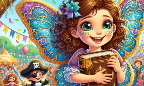 Una bambina di 9 anni, Nina, si trova al centro dell'immagine, raggiante di gioia, con ali di farfalla scintillanti in blu e viola, i suoi capelli castani ricci che fluttuano nel vento. Sorride con occhi brillanti di eccitazione, tenendo un vecchio libro di pelle tra le mani, circondata da colori vivaci e coriandoli. Accanto a lei, il suo fratellino Luca, di 6 anni, è travestito da pirata, con una benda nera sull'occhio e un sorriso malizioso. Brandisce una spada di plastica, pronto per l'avventura. Sullo sfondo, il parco di Colori è decorato per il carnevale, con alberi adornati di ghirlande colorate, fiori vivaci e bambini travestiti che danzano e ridono. La scena mostra Nina e Luca che scoprono il libro di fiabe ai piedi di un grande albero, circondati dai loro amici, tutti catturati dall'avventura che li attende.