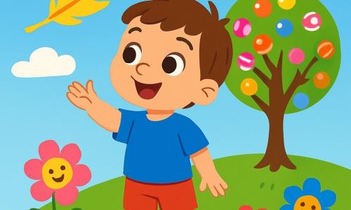 Un bambino di 2 anni, di nome Luca, con capelli castani e occhi pieni di curiosità, sorride meravigliato tenendo in mano una piuma dorata brillante. Indossa una maglietta blu e pantaloni corti rossi, ed è in piedi su una collina verde. Accanto a lui, un albero di caramelle colorato, con rami carichi di dolci multicolori, sembra danzare nel vento, aggiungendo un tocco di magia alla scena. Il cielo è di un blu splendente, punteggiato di nuvole bianche e soffici, e fiori colorati con facce sorridenti circondano Luca, cantando gioiosamente. La scena principale mostra Luca, meravigliato, pronto a seguire la piuma dorata che fluttua nell'aria, invitandolo a scoprire un mondo fantastico pieno di dolcezze e colori vivaci.