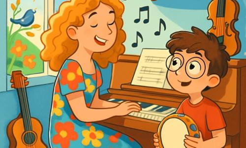Martina, una giovane donna dai capelli ricci e dorati, è seduta davanti a un pianoforte di legno, il suo viso splendente di gioia e creatività. Indossa un vestito colorato a fiori che danza attorno a lei mentre compone una melodia. Accanto a lei, Luca, un ragazzo di 8 anni con occhiali tondi e capelli castani disordinati, la osserva con occhi meravigliati, tenendo un tamburello tra le mani. Il loro studio è pieno di luce, con muri dipinti di azzurro chiaro, scaffali stracolmi di libri di musica e strumenti sparsi: una chitarra, un violino e delle partiture. Finestroni aperti lasciano entrare il canto degli uccelli e il dolce profumo dei fiori del giardino. In questa scena, Martina e Luca collaborano gioiosamente, cercando insieme l'ispirazione per una nuova melodia, circondati da un'atmosfera magica e musicale.