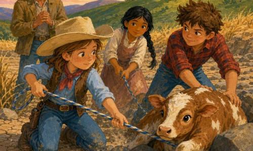 Lila, jonge cowgirl beslist en zacht, rond gezicht met sproeten, lichtbruin haar onder een grote beige hoed, empathische ogen, knielt en houdt stevig een blauw-crème gevlochten lasso vast om een klein kalf te bevrijden; Sam, jongen ~11, warrig haar, ondeugend geconcentreerd, rood geruit overhemd, duwt het kalf lichtjes van rechts en kijkt naar Lila; Rosa, meisje ~10, zwart gevlochten haar, stoffig schort, houdt het touw aan de andere kant en moedigt kalm aan, net achter Lila; de boer, volwassen man met verweerd gezicht, hoed en katoenen jas, staat iets achter links met handen samen, opgelucht en alert; het kalf, lichtbruin met witte vlekken, poten klem tussen stenen, grote bezorgde maar vertrouwenwekkende ogen; locatie: uitgedroogde rivierbedding met gebarsten klei, grillige grijze rotsen, gouden hoge grassprieten en een groene heuvel met houten huisjes en een stal op de achtergrond, pastel ochtendlucht; hoofdscène: vriendelijke spanning — ze trekken voorzichtig aan het lasso dat aan een grote steen vastzit om het kalf los te krijgen, fijn stof rijst op, geconcentreerde solidariteit, warme gouachekleuren en zichtbare texturen.