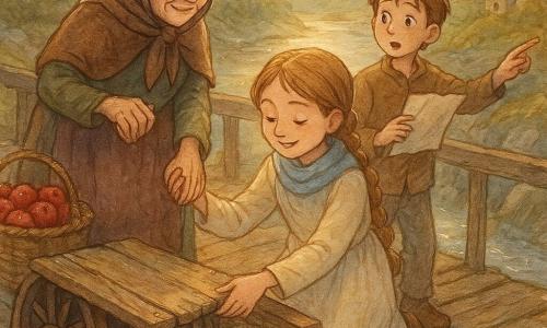 Ksężniczka Lira (ok. 11 lat) klęczy na starym drewnianym moście, uśmiechnięta i skupiona, jasnobrązowe włosy w warkoczu, prosta kremowa suknia i jasnoniebieski szal; delikatnie odsuwa deskę, by odblokować koło wozu. Chłopiec Niko (ok. 11 lat) stoi nieco z tyłu po prawej, trzyma pogniecioną mapę, z szeroko otwartymi oczami wskazuje w stronę wioski. Starsza kupczyni (ok. 70 lat) stoi przy wozie po lewej, pofałdowana, życzliwa, kosz z czerwonymi jabłkami obok, bierze dłoń Liry, dziękując. Miejsce: stary drewniany most z omszałymi deskami nad skalistą rzeką, w oddali kamienne domy z czerwonymi dachami. Nastrojowa scena o zachodzie słońca, złote światło i migocząca rzeka, kompozycja skupiona na Lirze pomagającej kupczyni, Niko z mapą.
