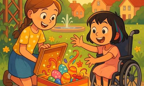 Duas meninas de 8 anos: Lara, cabelo castanho claro em trança, camiseta amarela e saia azul, ajoelhada à esquerda da caixa arco-íris segurando a tampa com sorriso maravilhado; Sofia, cabelo curto preto com mecha colorida, vestido rosa claro, sentada numa pequena cadeira de rodas à direita da caixa, estendendo a mão para ovos de Páscoa brilhantes; num pequeno parque de bairro ao fim da tarde com grama aparada, trepadeira fazendo sombra, flores silvestres ao redor e casas coloridas ao fundo, caixa pintada em arco-íris sobre cascalho fino; as meninas abrem a caixa revelando ovos coloridos, fitas e pequenos presentes, luz quente do pôr do sol ilumina os rostos, pétalas flutuando no ar, expressões de alegria e surpresa, composição centrada na caixa e nas mãos alcançando os tesouros.