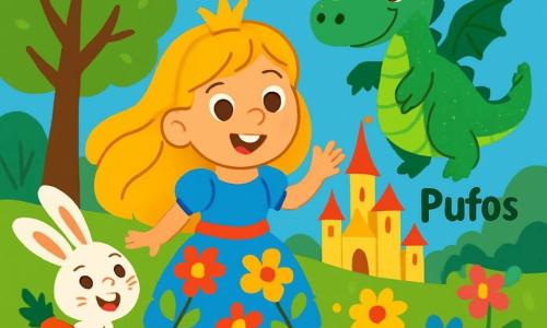 Prințesa Sofia, o fetiță cu părul lung și auriu, poartă o rochie colorată cu motive florale. Are un zâmbet larg și vesel pe față, exprimându-și entuziasmul. Lângă ea, un iepuraș alb, cu ochi strălucitori și urechi lungi, sare de bucurie, ținând un morcov portocaliu. Un dragon verde, pe nume Pufos, cu solzi strălucitori și ochi mari, îi observă prietenos, plutind ușor deasupra solului. Scena are loc într-o grădină fermecată, plină de flori colorate, copaci înalți și fluturi dansând. În fundal, se vede un castel strălucitor cu turnuri care ating cerul, strălucind în razele soarelui. Sofia, împreună cu iepurașul și dragonul, se bucură de o aventură veselă căutând un morcov magic pierdut, iar atmosfera este plină de magie și prietenie.