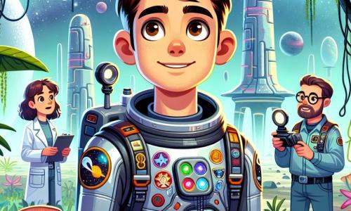 Een mannelijke astronaut, Marcus, staat in het midden van de scène met een verwonderde blik op zijn gezicht. Hij draagt een glanzend ruimtepak, versierd met kleurrijke patches van sterren en planeten. Zijn bruine haar is een beetje in de war en zijn ogen stralen van opwinding terwijl hij naar een oude buitenaardse ruïne kijkt, omringd door weelderige vegetatie. Naast hem staat Sam, een 25-jarige man met kort haar en een goed verzorgde baard, die een futuristische camera vasthoudt. Hij glimlacht, klaar om het moment vast te leggen, en staat iets op de achtergrond, bewonderend naar de ontdekking. Dr. Mei, een vrouw van ongeveer 30 jaar met ronde bril en lang haar in een paardenstaart, onderzoekt grondmonsters met een kleine schep, geconcentreerd op haar taak. De setting is een levendige buitenaardse jungle, met felle kleuren planten, luminescente bloemen en reusachtige bomen met spiraalvormige stammen. Op de achtergrond staat de oude ruïne majestueus, bedekt met lianen en mysterieuze symbolen, verlicht door een zachte gloed van de planeet. De hoofdscène toont Marcus en zijn team die de ruïnes ontdekken, gefascineerd door de hologrammen die voor hen activeren en beelden onthullen van een oude beschaving, terwijl een zachte bries de bladeren om hen heen laat dansen.
