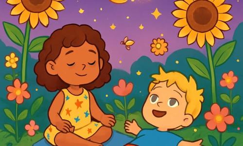 There are 2 main characters: Olivia, a 6-year-old girl with curly brown hair wearing a light floral dress, sitting cross-legged on a soft rug with a peaceful smile; and Max, a 6-year-old boy with blonde hair and sparkling eyes, dressed in a blue t-shirt and shorts, lying on his back with arms open, gazing at the starry sky in wonder. The setting is a secret garden filled with colorful, fragrant flowers, with tall golden sunflowers surrounding them and fireflies shimmering in the twilight air. The sky is a soft purple dotted with bright stars that illuminate the scene with a soothing light. The main situation shows Olivia and Max taking deep breaths, lying on a plush rug surrounded by flowers and soft light, relaxing like little floating fish in the air, with a goldfish gracefully swimming above them, leaving a trail of sparkling light.