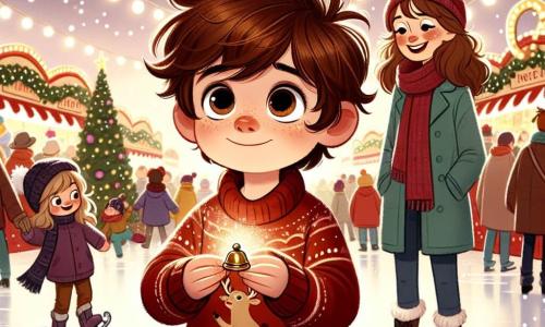 A 5-year-old boy named Oliver, with messy brown hair and big, curious eyes, stands at the center of the scene holding a small magic bell. His face is lit up with a delighted smile, and he wears a red sweater with a reindeer pattern and a wool hat. Next to him is his mother, a woman in her thirties with long brown hair and a warm smile, looking at Oliver with pride. She wears a blue coat and holds a cup of hot chocolate, slightly stepping back to admire her son's wonder. The scene takes place in a lively Christmas market filled with colorful stalls decorated with twinkling lights and gentle snowflakes falling from the sky. Joyful families move around them, and children laugh while skating on a sparkling rink. Oliver, with the bell in hand, is about to make a magical wish, surrounded by the festive and warm atmosphere of the Christmas market, as golden lights illuminate his face, creating a sense of joy and magic.