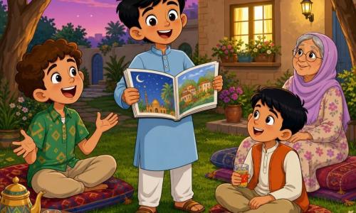 Four characters: Sami, a c.9-year-old boy with short black hair and olive skin in a light blue tunic holding an open illustrated book, standing center on a lawn; Adam, a c.9-year-old boy with curly brown hair in a patterned green shirt, laughing with open hands to Sami’s left; Yusuf, c.8, smooth black hair, wearing an orange vest and beige pants, holding a small glass of juice to Sami’s right, looking at him with admiration; Grandmother, c.65, gray hair in a bun, pastel hijab and floral dress, seated on a cushion behind them smiling and attentive. Setting: house garden at dusk with green lawn, string lights between trees, colorful rugs, low wooden tables with plates of dates and tea glasses, beige house with a lit window and soft violet sky. Main scene: post-iftar sharing—three boys telling stories to gathered family; warm, joyous atmosphere with Sami reading, Adam gesturing and laughing, Yusuf raising his glass; warm garland lights, vivid colors, exaggerated 1990s cartoon expressions.