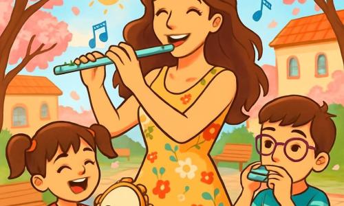 A woman named Elara, in her thirties with long wavy hair, wearing a light floral dress, plays the flute with a radiant smile, her eyes shining with passion and joy. Around her, a group of children, including a 7-year-old girl named Lily with pigtails and a pink dress, joyfully claps on a tambourine, and an 8-year-old boy named Oliver with glasses and a striped t-shirt plays an harmonica, both captivated by the music. The scene takes place in a charming village square surrounded by flowering cherry trees, with wooden benches and colorful cobblestones, where the sun shines and flower petals gently fall around them. The main situation shows Elara guiding the children in creating a joyful melody, their faces lit up with excitement, while musical notes float in the air, creating a magical and festive atmosphere.