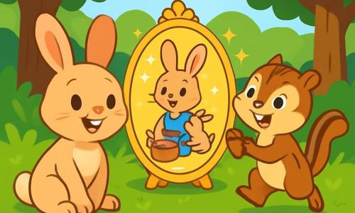 Bella the little bunny, with her soft and silky light brown fur, has sparkling eyes of joy and a radiant smile. She is sitting by a shimmering pond, gazing in wonder at a magic mirror that reflects images of her good deeds. Next to her, Charlie the chipmunk, with his striped brown and cream fur, has bright eyes of excitement and a big smile. He is joyfully hopping, a small acorn in his paws, while watching Bella's reflection in the mirror. The setting is a beautiful woodland, filled with colorful flowers, tall trees with vibrant green leaves, and a pond with crystal-clear waters sparkling in the sun. The main scene shows Bella and Charlie discovering the magic mirror, their faces illuminated with pride and joy as they see their reflections showing moments of kindness and bravery.