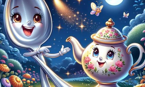 Un personaje principal, una pequeña cuchara de metal brillante con una sonrisa alegre y ojos chispeantes, se encuentra al borde de un jardín mágico, con los brazos extendidos, listo para lanzarse a una nueva aventura. A su lado, una encantadora tetera de porcelana blanca con motivos florales, que muestra una expresión juguetona, sirve delicadamente una taza de té, rodeada de luciérnagas centelleantes que bailan a su alrededor. En el fondo, un jardín encantador bañado por la luz de la luna, con flores coloridas que parecen susurrar entre sí y estrellas brillantes que iluminan el cielo nocturno. La situación principal muestra a la cuchara y la tetera preparándose para salir juntas en busca de un gorro de lana perdido, con un aire de emoción y misterio en el ambiente.