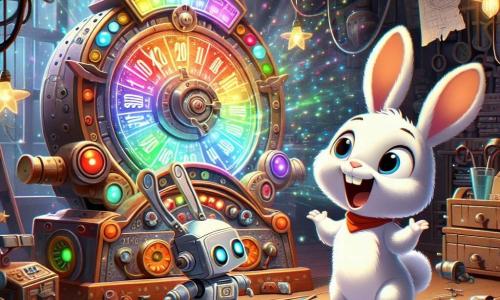 Toby, un pequeño conejo de grandes orejas y pelaje blanco, está de pie sobre sus patas traseras, con los ojos brillantes de emoción y una amplia sonrisa en el rostro, frente a una máquina del tiempo de colores vivos, adornada con botones multicolores y luces centelleantes. A su lado, Robo-Bunny, un robot amigable con un cuerpo de metal plateado y ojos luminosos, observa a Toby con una expresión alentadora, con los brazos abiertos como invitándolo a la aventura. El decorado es un taller mágico, lleno de herramientas extrañas, libros antiguos y planos voladores, con rayos de luz filtrándose a través de una ventana en forma de estrella, iluminando el espacio con una atmósfera cálida y misteriosa. La escena muestra a Toby listo para presionar un botón de la máquina, mientras una luz brillante comienza a rodearlo, simbolizando el inicio de su viaje en el tiempo, con chispas y colores brillantes danzando a su alrededor.