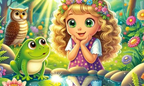 An 8-year-old girl named Lily, with golden curly hair, stands by a shimmering pond. Her eyes sparkle with wonder and curiosity as she gazes at her reflection in the water, a radiant smile lighting up her face. Next to her, a small green frog named Momo, with big round eyes and a friendly expression, sits on a lily pad, encouraging her with a mischievous look. In the background, a wise owl perched on a tree branch watches the scene with twinkling eyes, its soft feathers contrasting with the green leaves. The setting is a magical garden filled with colorful flowers and sunlight filtering through the trees, creating dancing shadows on the ground. The pond is surrounded by smooth stones and aquatic plants, adding serenity to the enchanted atmosphere. The main scene shows Lily, amazed, contemplating her reflection while Momo talks to her about the importance of listening and self-discovery, creating a magical moment of connection between them.