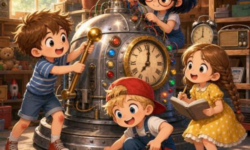 Quatro crianças: menino de 9 anos com cabelo castanho despenteado, camiseta azul às riscas e joelhos ralados, puxa a grande alavanca dourada da máquina, ligeiramente à esquerda; menina de 9 anos com cabelos compridos trançados e vestido amarelo às bolinhas brancas, segura um caderno e lápis, à direita da máquina, maravilhada; menino de 10 anos com cabelo loiro curto e boné vermelho ao contrário, agacha-se com uma caixa de ferramentas vermelha e sorri, em frente à base metálica; menina de 9 anos com cabelo preto curto e óculos redondos manipula fios coloridos e uma pequena lâmpada atrás da máquina, inclinada para o aparelho. Local: garagem ensolarada com paredes de madeira clara, prateleiras cheias de caixas e brinquedos, janela quadrada com raio de luz quente, chão de cimento com manchas de tinta, planta em vaso e um velho relógio despertador e rádio antigos ao lado da máquina. Situação: máquina do tempo em caixa metálica brilhante com botões coloridos, grande mostrador de relógio antigo e uma alavanca dourada cintilante; crianças trabalham em equipa, rostos radiantes de excitação, faíscas de luz suave nos botões, atmosfera de aventura e curiosidade. Estilo chibi kawaii: proporções fofas, cores pastel vivas, contornos nítidos e expressões exageradas e alegres.