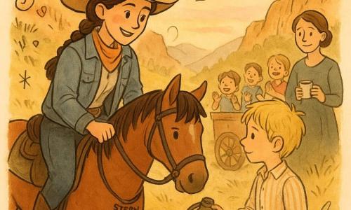 Eine selbstbewusste, lächelnde junge Cowgirl mit geflochtenen braunen Haaren, weitem beigen Lederhut, abgetragener Jeansjacke und staubigen Stiefeln sitzt auf ihrem Braunen namens Stern, hält mit einer Hand die Zügel und reicht mit der anderen eine Wasserschlauch; ein etwa 12-jähriger Junge (Tom) mit zerzaustem blondem Haar und schüchtern-dankbarem Gesicht in gestreiftem Hemd hilft, ein Wagenrad zu montieren und steht vorne rechts neben dem offenen Wagen, knapp dahinter die ruhige Mutter (ca. 30–35 Jahre) mit zusammengebundenen Haaren und einer kleinen Tasse, während mehrere Kinder (4–6 Jahre) lachend und klatschend im Wagen sitzen; Szene auf einem Bergpass bei Sonnenuntergang mit ockerfarbenen Klippen, schmalem Erdpfad, gelben Wiesen und geneigten Gräsern im Wind, goldenes Licht und warme, helfende Gesten, Komposition zentriert auf Pferd und geteilte Feldflasche.