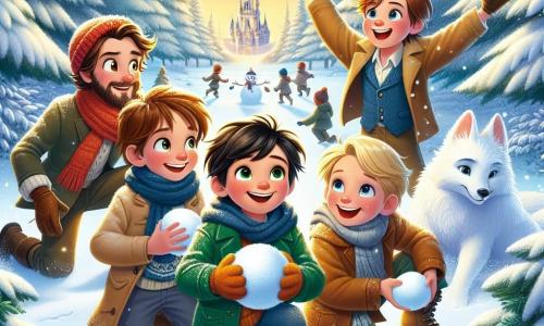In een magische winterscène staan vier jongens in het midden van de compositie. Thomas, 10 jaar, heeft rommelig bruin haar en draagt een felrode muts. Hij glimlacht vrolijk terwijl hij een sneeuwbal vasthoudt. Joris, ook 10 jaar, heeft blond haar en draagt een blauwe sjaal. Hij lacht terwijl hij zijn armen omhoog steekt, klaar om een sneeuwbal te gooien. Sam, 9 jaar, heeft kastanjebruin haar en draagt een groene jas. Hij zit op zijn hurken en vormt een sneeuwbal. Ten slotte is Lucas, de kleinste met 8 jaar, met zwart haar en een gele jas. Hij kijkt verwonderd naar een prachtige witte vos die naast hem staat. De achtergrond is een betoverd winterbos met majestueuze bomen bedekt met glinsterende sneeuw. De grond is bedekt met een dikke sneeuwlaag en sneeuwvlokken vallen zachtjes uit de heldere blauwe lucht. In de verte is een verlichte open plek te zien waar de zon door de takken schijnt. De jongens spelen in de sneeuw, omringd door magie en gelach, terwijl de witte vos hen nieuwsgierig observeert, wat een sfeer van vreugde en winteravontuur creëert.
