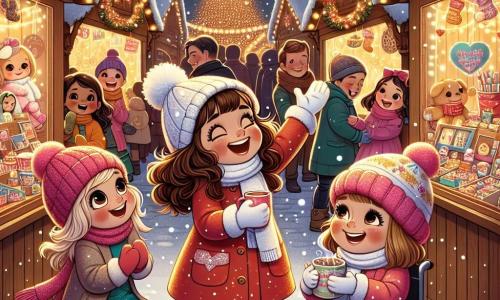 Tres niñas alegres están en el centro del escenario. Sofía, una niña de 9 años con cabello rizado y una gran sonrisa, lleva un abrigo rojo brillante y guantes blancos. Levanta los brazos hacia el cielo, tratando de atrapar los copos de nieve que caen suavemente. A su derecha, Clara, otra niña de 9 años con cabello rubio y flequillo, lleva un bonito gorro de lana y un abrigo rosa. Se ríe mirando a Sofía. A la izquierda, Valeria, una niña de 9 años con cabello castaño y gafas, está sentada en una silla de ruedas decorada con luces. Sonríe con entusiasmo, sosteniendo una taza de chocolate caliente. El escenario es un mercado navideño mágico, iluminado por miles de luces brillantes. Puestos de madera adornados con decoraciones festivas venden juguetes, dulces y adornos navideños. Al fondo, un gran árbol de Navidad brilla intensamente, rodeado de familias felices que disfrutan de la cálida atmósfera. La escena principal muestra a las tres amigas divirtiéndose en la nieve, riendo y jugando juntas, capturando el espíritu navideño y la importancia de la amistad en un entorno mágico y alegre.