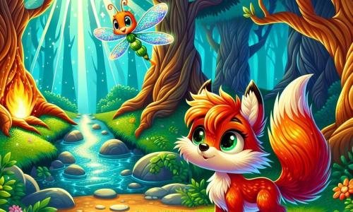 An illustration depicts a young fox with vibrant orange and red fur, its eyes shining with curiosity and excitement. It stands on a forest path, determined to venture into the mysterious woods. Nearby, a small dragonfly with opalescent wings joyfully flits around, encouraging the fox in its quest. The setting is an enchanted forest with majestic, gnarled trees and bright green leaves illuminated by sunlight filtering through the foliage. A crystal-clear stream winds through the ground, adding a touch of magic. The main scene shows the young fox preparing to follow the stream, determined to find the legendary moonstone, with the dragonfly ready to assist in its adventure. Additional elements include colorful flowers scattered on the ground, dancing light patterns on the water, and a light, mysterious fog enhancing the magical atmosphere.