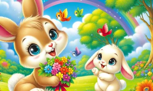 Ein junger Hase mit großen Ohren und weichem, hellbraunem Fell springt fröhlich unter einem wunderschönen Regenbogen, mit funkelnden Augen vor Aufregung und einem breiten Lächeln im Gesicht. Er hält eine kleine Krone aus bunten Blumen in seinen Vorderpfoten, bereit, den Muttertag zu feiern. Neben ihm schaut eine Mama-Hase mit cremefarbenem Fell, sanften und liebevollen Augen, stolz und zärtlich auf ihr Kleines, ein leichtes Lächeln erhellt ihr Gesicht. Eine Gruppe bunter Vögel, die auf einem nahegelegenen Ast sitzen, singt fröhlich und trägt zur festlichen Stimmung bei, ihre Federn leuchten in Rot, Blau und Gelb. Die Szene spielt in einer grünen Lichtung, umgeben von majestätischen Bäumen mit strahlenden Blättern und wilden Blumen, die im Wind tanzen. Der Himmel ist leuchtend blau, mit flauschigen weißen Wolken, und die Sonne scheint, was eine warme und fröhliche Atmosphäre schafft. Der junge Hase bereitet eine Überraschung für seine Mama vor, umgeben von seinen tierischen Freunden, die alle zusammen einen wunderbaren und magischen Muttertag feiern.