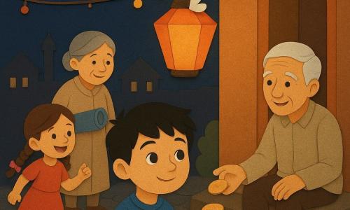 Un ragazzo di 8 anni, viso rotondo, capelli neri spettinati, occhi marroni curiosi, sorride concentrato mentre porge una piccola manciata di biscotti con la mano tesa; una bambina di 5 anni, sua sorella, capelli intrecciati con un nastro rosa, corre guardando indietro, gioiosa, a pochi passi; una nonna di circa 70 anni, pelle rugosa, capelli grigi raccolti in uno chignon, sorride tenendo un piccolo tappeto arrotolato sotto il braccio vicino alla porta di una casa; un anziano di circa 75 anni, capelli bianchi e abito semplice, seduto sul bordo dei gradini della moschea, accetta un biscotto con gratitudine vicino al ragazzo; luogo: una piccola piazza di quartiere di notte, pavè, lanterne colorate e fili di luci, una moschea con un piccolo minareto sullo sfondo; situazione: il ragazzo offre un biscotto a un bambino bisognoso mentre una grande lanterna illumina la scena e una delicata farfalla bianca si posa sulla lanterna, creando un momento calmo e magico; colori: toni caldi (arancio, ambra, rosso) per le lanterne, accenti blu notte e crema per i vestiti; stile visivo: forme semplici, contorni da ritaglio, strati di carta visibili, contrasti morbidi ed espressioni ben leggibili.