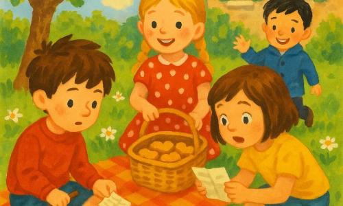 Quattro bambini: Marco, ~8 anni, capelli castani arruffati con una piccola canna di legno in mano seduto a sinistra su una coperta a quadri che guarda curioso un biglietto; Sofia, ~7 anni, trecce bionde e vestito rosso a pois seduta al centro-destra che mostra un cestino da picnic con biscotti; Lucia, ~7 anni, capelli castano corti e maglietta gialla accovacciata a destra che legge il biglietto con occhi sgranati; Tommaso, ~6 anni, capelli neri e piccolo cappotto blu sullo sfondo che si avvicina timidamente sorridendo e alzando la mano. Ambientazione: giardino di paese luminoso con erba e margherite, un melo fiorito a sinistra e una casa di pietra con persiane verdi sullo sfondo, cielo azzurro con qualche nuvola. Situazione: i quattro riuniti attorno a una coperta a quadri con un biglietto stropicciato al centro, sorrisi e gesti di aiuto, atmosfera gioiosa e curiosa, colori caldi e texture tipo gouache, tratti morbidi e contorni leggermente sfumati per un effetto infantile.