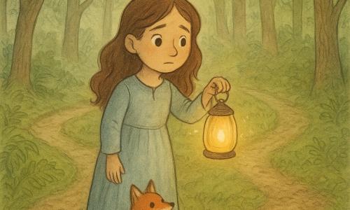 Alba, joven de rostro dulce y sonriente, ojos curiosos y cabello castaño largo ligeramente ondulado, sostiene una pequeña linterna de vidrio que emite una luz amarillo-anaranjada; junto a ella, un pequeño zorro rojo sentado mira la linterna, mientras una luciérnaga brillante deja una estela de polvo luminoso verdoso; están de pie en un cruce cubierto de musgo en una bosque denso y suave con helechos y troncos texturados, y tres senderos: a la izquierda el aire huele a pan con humo y siluetas de tejados de panadería, al centro un sendero que susurra como un arroyo con un hilo de agua visible, y a la derecha uno cubierto de hojas en forma de estrella que brillan ligeramente; Alba duda qué camino tomar, la linterna se intensifica iluminando las texturas del suelo y creando una atmósfera mágica y cálida.