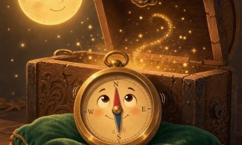 Una piccola bussola in ottone antropomorfizzata, volto rotondo e sorriso timido, ago tremolante e occhi curiosi, posta al centro su velluto verde e rivolta verso l'alto come se ponesse una domanda; una luna rotonda e gialla in alto a sinistra, dal sorriso benevolo e un alone caldo; un vecchio forziere di legno intagliato aperto dietro la bussola che libera polvere dorata e brillante come piccole stelle; ombre morbide e riflessi ramati creano un'atmosfera intima, calma e leggermente magica, scena centrata e contemplativa, colori caldi e pastello, linee morbide, forme semplici e composizione chiara per libro per l'infanzia.