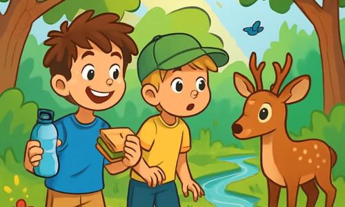 Hay 2 personajes principales: Mateo, un niño de 10 años con cabello castaño alborotado, que lleva una camiseta azul y un pantalón corto beige, sosteniendo una botella de agua en una mano y un sándwich en la otra, sonriendo con entusiasmo; y Lucas, un niño de 10 años con cabello rubio y una gorra verde, que viste una camiseta amarilla y pantalones cortos, mirando con curiosidad a un ciervo que se acerca al grupo. La escena se desarrolla en una reserva natural verde, rodeada de grandes árboles con hojas de un verde brillante, con rayos de sol filtrándose a través de las ramas. Un pequeño arroyo brilla cercanamente, y flores coloridas adornan el suelo con toques de rojo, violeta y amarillo. Mateo y Lucas, maravillados, observan al ciervo que se acerca pacíficamente al arroyo, mientras los pájaros cantan en los árboles, rodeados de la belleza de la naturaleza, listos para aprender y proteger este entorno.