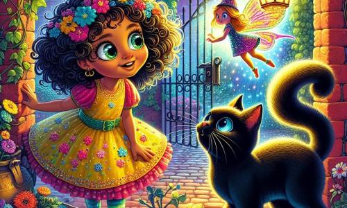 O fetiță de 6 ani, Mara, cu ochi mari și strălucitori și păr creț, privește cu uimire o pisică neagră cu ochi albaștri, care stă în fața ei. Mara poartă o rochie galbenă strălucitoare, decorată cu flori colorate, iar pe chipul ei se citește curiozitate și bucurie. Pisica, cu blana lucioasă și coada ridicată, pare să zâmbească, invitând-o să o urmeze. În fundal, un spiriduș mic, cu aripi strălucitoare, zboară în jurul unui felinar vechi, aruncând lumini colorate pe zidurile acoperite de iederă. Locul este o curte veche, plină de umbre și lumini dansatoare, cu ziduri de cărămidă roșie și flori sălbatice crescând printre crăpăturile pavimentului. Mara, plină de curiozitate, se pregătește să pășească în lumea magică a creaturilor, în timp ce pisica îi arată drumul spre aventură.
