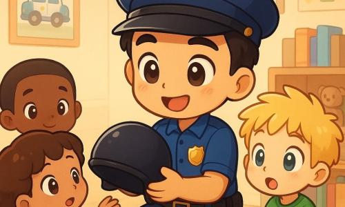 Un giovane poliziotto, Marco, sorridente e con occhi scintillanti, indossa un'uniforme blu con un distintivo brillante. È accovacciato, circondato da bambini piccoli, e mostra loro un casco della polizia. Una bambina, Giulia, di 8 anni, con capelli castani ricci e uno sguardo curioso, allunga la mano per toccare il casco. Un ragazzo, Luca, anch'egli di 8 anni, con capelli biondi spettinati, si trova accanto a Marco, gli occhi spalancati per la meraviglia. Si trovano in una sala luminosa del commissariato, con pareti decorate da poster colorati e scaffali pieni di giocattoli. La situazione principale mostra Marco che spiega con entusiasmo il lavoro della polizia ai bambini, creando un'atmosfera di apprendimento gioiosa e interattiva.