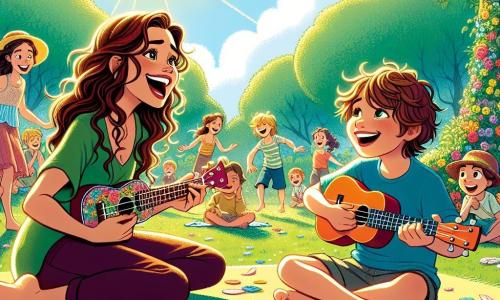 Lila, una giovane donna di 28 anni, è seduta su un tappeto di erba in un parco soleggiato, con un ukulele colorato in mano. Ha lunghi capelli castani ondulati, occhi brillanti di gioia e un grande sorriso sul volto, irradiando entusiasmo mentre canta una melodia dolce. Accanto a lei c'è Leo, un ragazzo di 10 anni con capelli ricci e un ampio sorriso, che tiene l'ukulele di Lila con ammirazione. È seduto a gambe incrociate, con gli occhi pieni di eccitazione, pronto a provare a suonare. Il parco è pieno di fiori colorati e alberi maestosi, con bambini che giocano e ridono sullo sfondo. Il cielo è di un blu splendente, punteggiato da alcune nuvole bianche e soffici. La scena principale mostra Lila e Leo che suonano musica insieme, circondati da altri bambini che li ascoltano attentamente, catturati dalla magia della musica che li unisce.